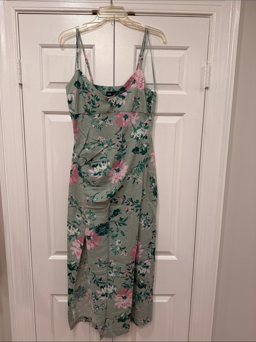 Zara Sage Green Floral Maxi Dress with Pink Blooms
